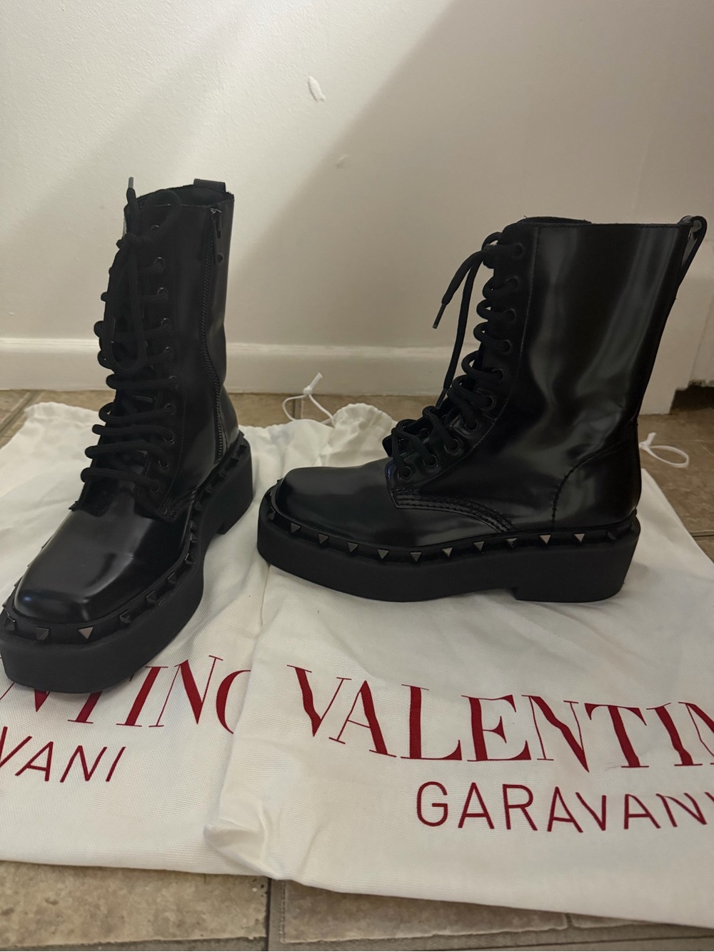 Valentino Garavani Black Patent Leather Stud-Trim Combat Boots